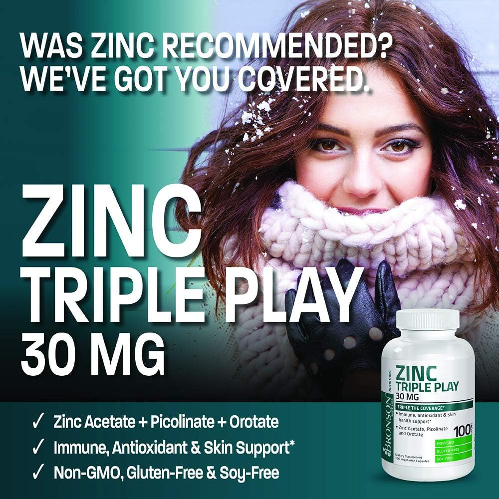 Bronson Zinc Triple Play 30 Mg Triple Coverage Immune Support with Zinc Acetate, Picolinate & Orotate - Immune, Antioxidant & Skin Health Support - 100 Vegetarian Capsules