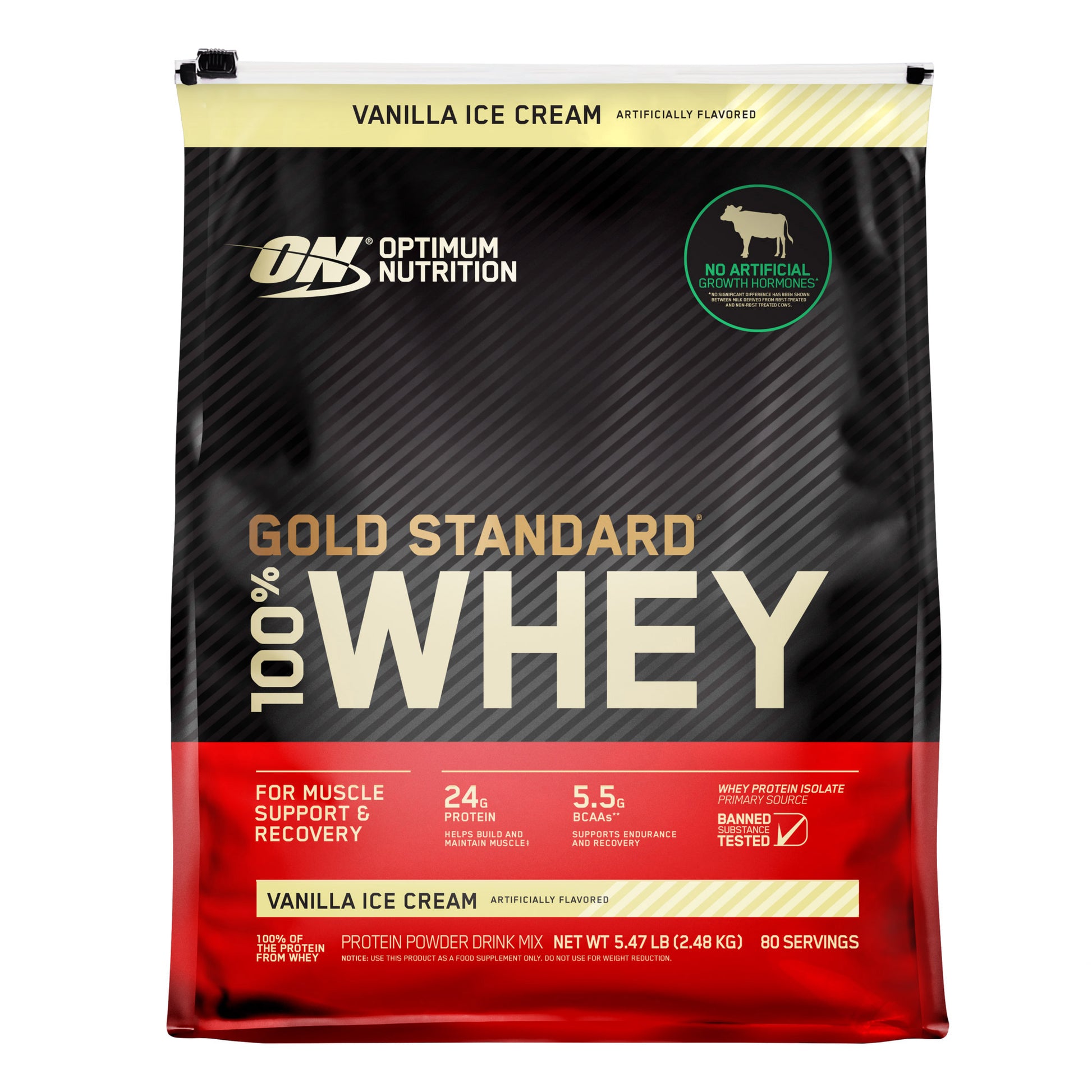 Optimum Nutrition Gold Standard 100% Whey Protein Powder, Vanilla Ice Cream, 5.47 Lbs