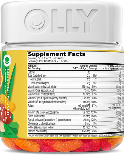 OLLY Kids Multivitamin Gummy Worms, Overall Health and Immune Support, Vitamins and Minerals A, C, D, E, Bs and Zinc, Chewable Supplement, Sour Fruit Punch, 45 Day Supply (70 Count)