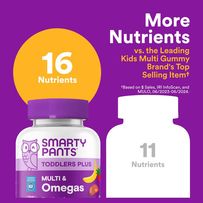 Smartypants Toddler Multivitamin Gummies - Improved Formula: Omega 3 (DHA/EPA), Vitamins D3, C, Vitamin B12, B6, A, K & Zinc, Biotin, Gluten Free, Three Fruit Flavors, 60 Count (30 Day Supply)