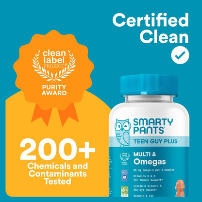 Smartypants Teen Guy Multivitamin Gummies - Improved Formula: Omega 3 (DHA/EPA), Vitamin D3, C, Vitamin B12, B6, A, K & Zinc, Folate, Gluten Free, Fruit Flavor, 60 Count (30 Day Supply)