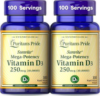 Puritan'S Pride Premium Sunvite™ Mega- Vitamin D3 10,000 IU, Dietary Supplement for Healthy Bones, Teeth, and Immune System Support, 100 Rapid Release Softgels