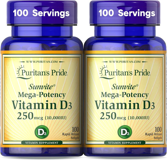 Puritan'S Pride Premium Sunvite™ Mega- Vitamin D3 10,000 IU, Dietary Supplement for Healthy Bones, Teeth, and Immune System Support, 100 Rapid Release Softgels
