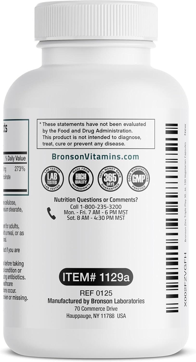 Bronson Zinc Triple Play 30 Mg Triple Coverage Immune Support with Zinc Acetate, Picolinate & Orotate - Immune, Antioxidant & Skin Health Support - 100 Vegetarian Capsules