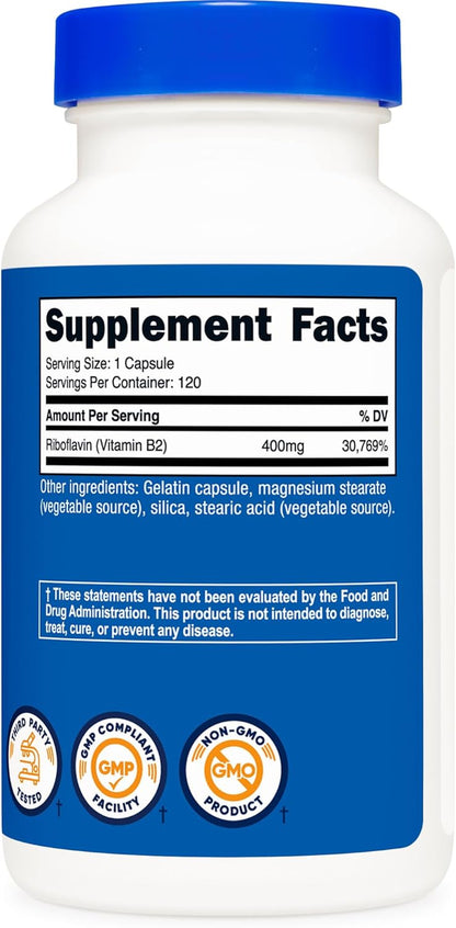 Vitamin B2 (Riboflavin) 400Mg, 120 Capsules - Gluten Free, Non-Gmo