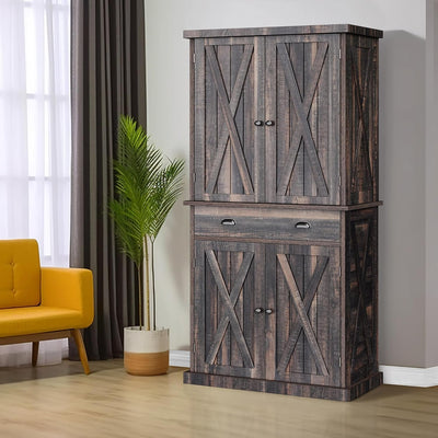 Kitchen Pantry Storage Cabinet, 72'' with Large Drawer and Adjustable Shelves, Dark Rustic Oak