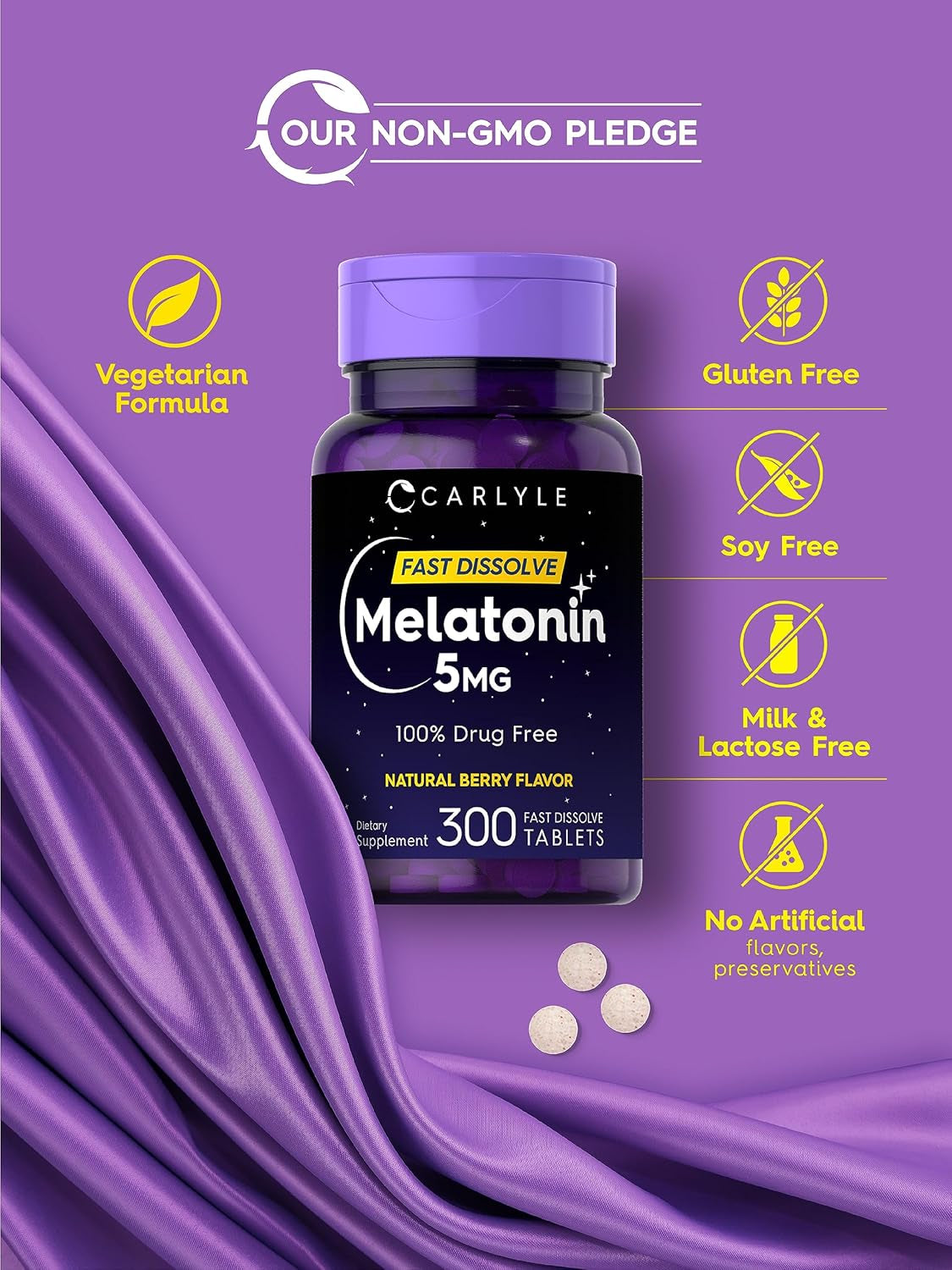 Carlyle Melatonin 5 Mg Fast Dissolve 300 Tablets | Berry Flavor | Vegetarian, Non-Gmo Supplement