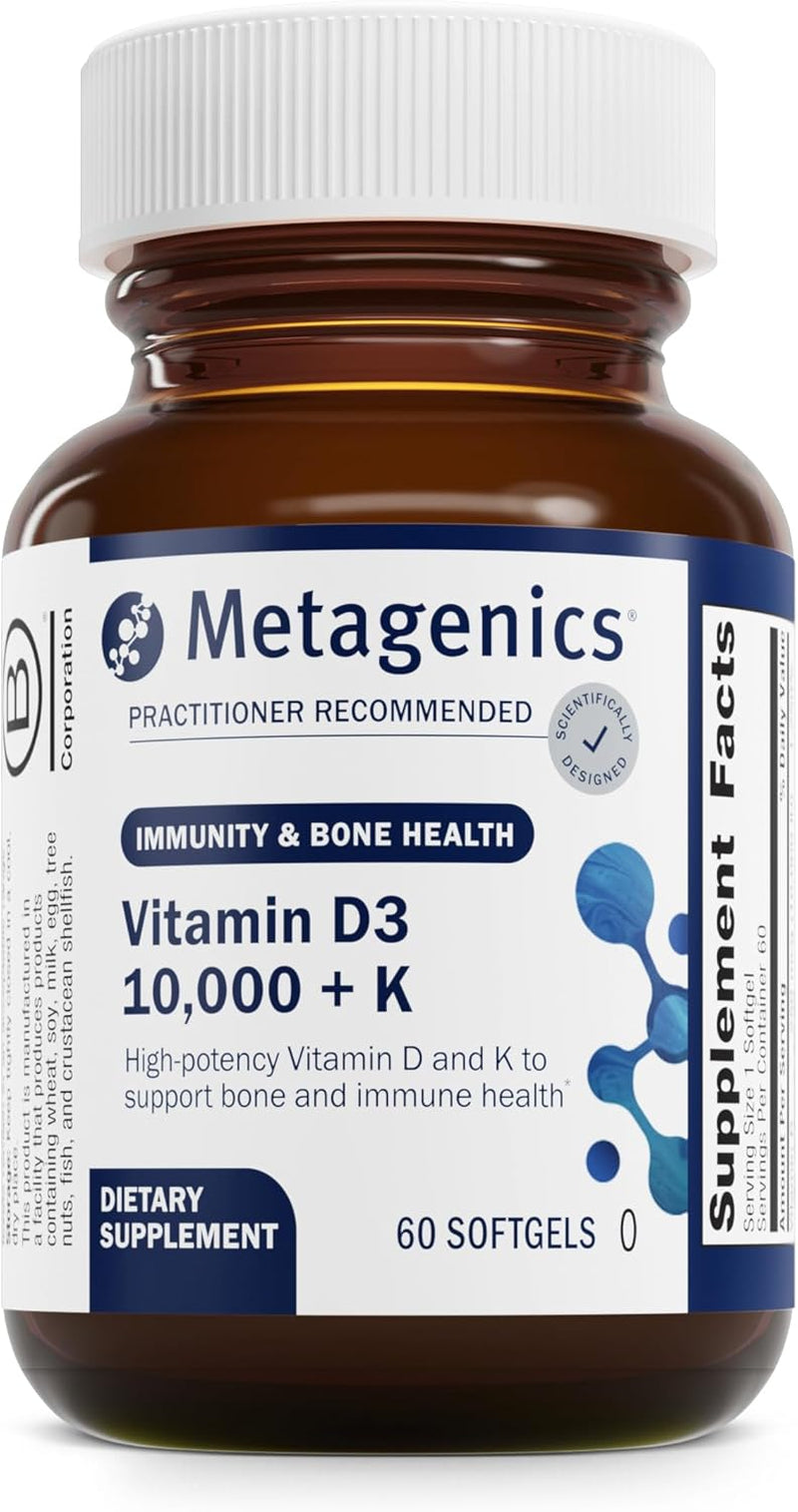 Metagenics Vitamin D3 + K - for Artery Health, Immune Support, Bone & Heart Health* - Vitamin D with MK-7 (Vitamin K2) - Non-Gmo - Gluten-Free - 60 Softgels - 10,000 IU