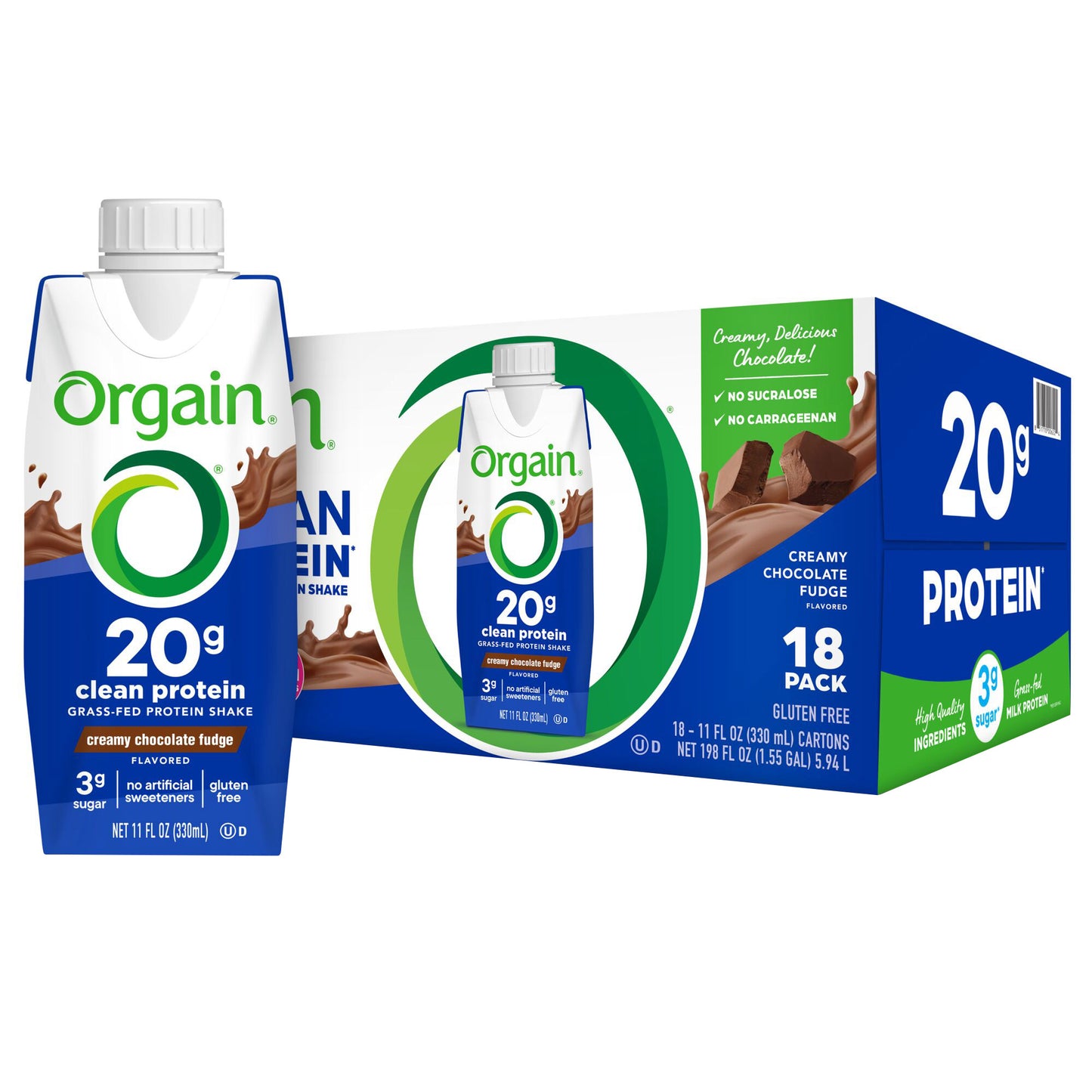 Orgain Clean Grass Fed Protein Shake, Creamy Chocolate Fudge, 11 Fl Oz, 18-Pack