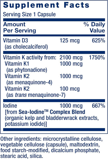 Life Extension Vitamins D and K with Seaiodine Bone Brain Thyroid Arterial Support Non GMO Once Daily Gluten Free, 60 Count