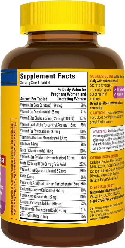 Nature Made Prenatal Multivitamin with Folic Acid, Prenatal Vitamin and Mineral Supplement for Daily Nutritional Support, 250 Tablets, 250 Day Supply