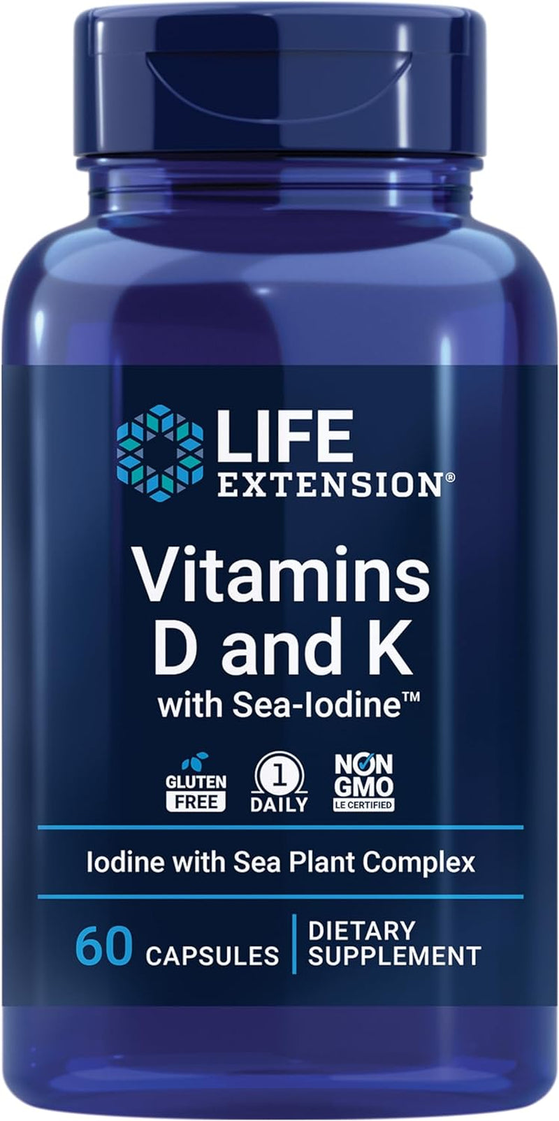 Life Extension Vitamins D and K with Seaiodine Bone Brain Thyroid Arterial Support Non GMO Once Daily Gluten Free, 60 Count