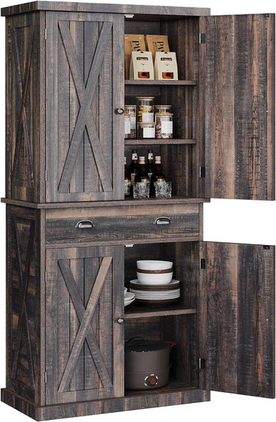 Kitchen Pantry Storage Cabinet, 72'' with Large Drawer and Adjustable Shelves, Dark Rustic Oak