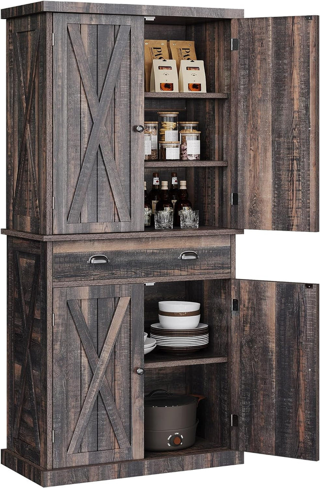 Kitchen Pantry Storage Cabinet, 72'' with Large Drawer and Adjustable Shelves, Dark Rustic Oak