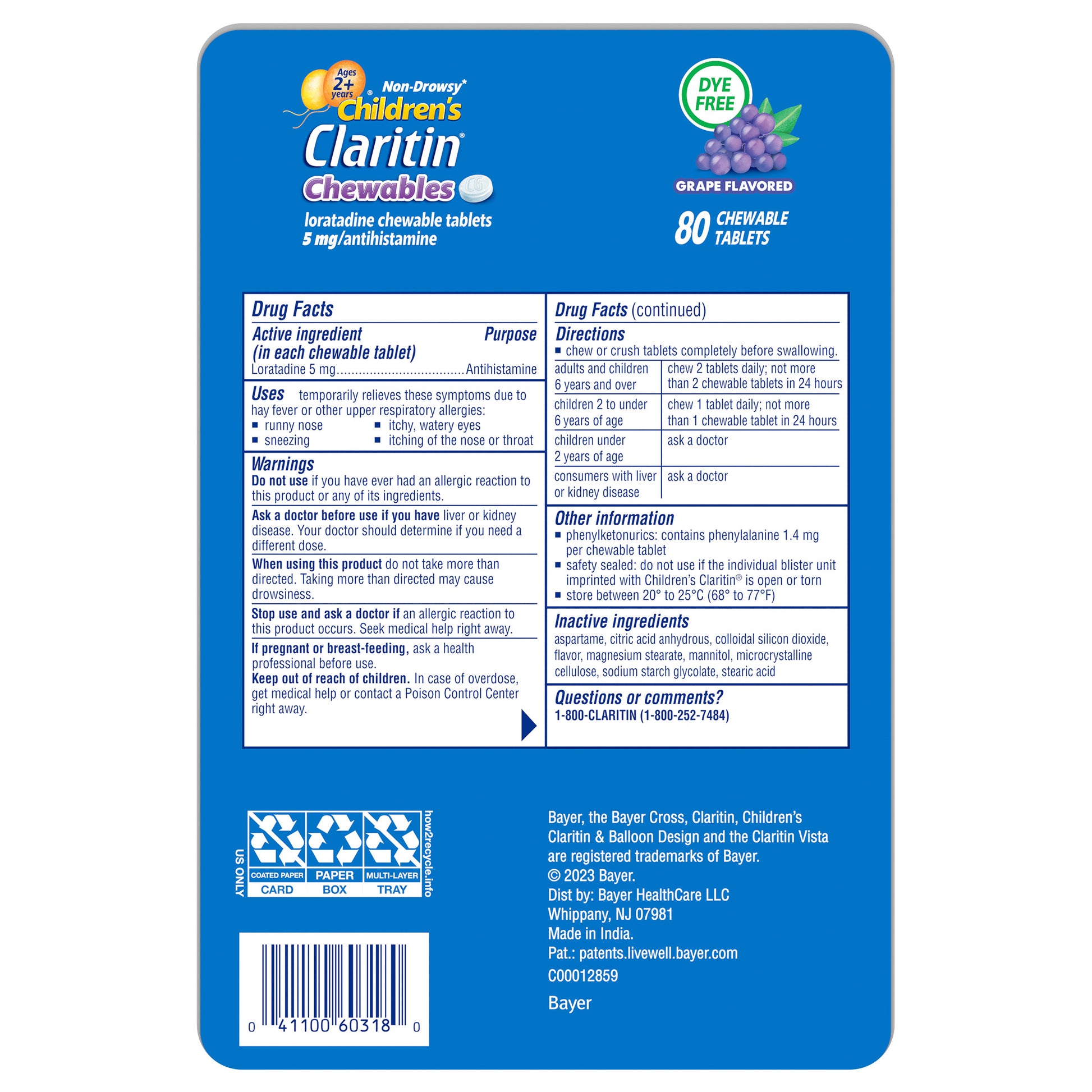 Claritin Children'S Dye-Free Chewables, 80 Chewable Tablets