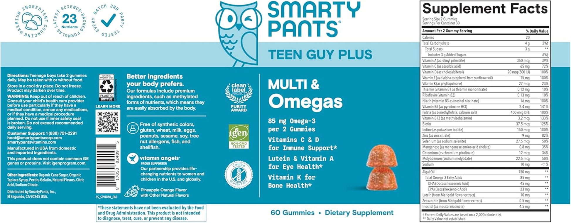 Smartypants Teen Guy Multivitamin Gummies - Improved Formula: Omega 3 (DHA/EPA), Vitamin D3, C, Vitamin B12, B6, A, K & Zinc, Folate, Gluten Free, Fruit Flavor, 60 Count (30 Day Supply)