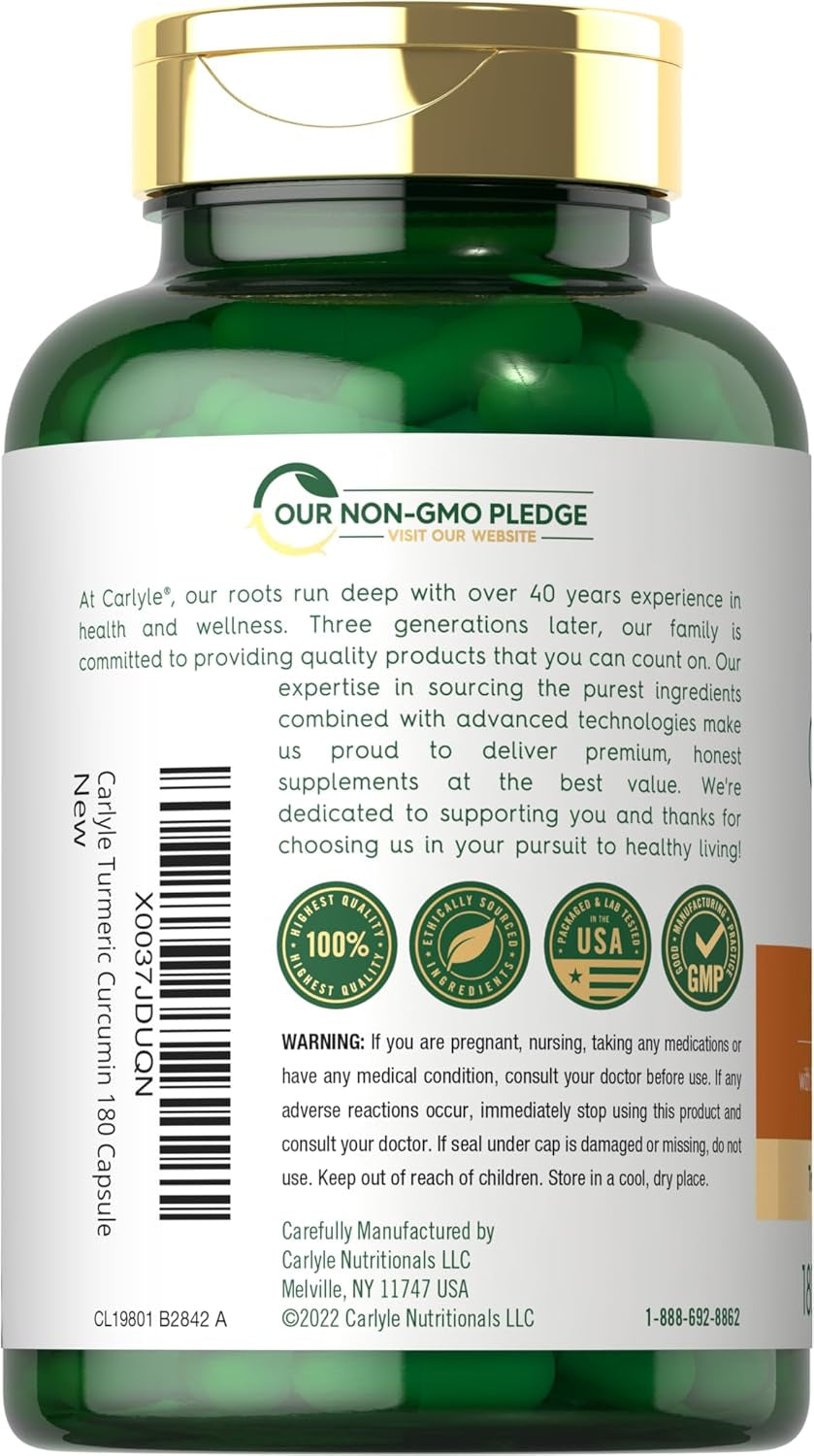 Carlyle Turmeric Curcumin Supplement 500 Mg | 180 Capsules | with Black Pepper Extract | Non-Gmo & Gluten Free