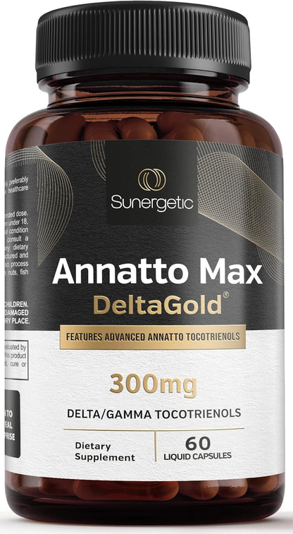 Sunergetic Premium Annatto Tocotrienol Supplement – with Deltagold – Tocotrienols Vitamin E 300 Mg – Supports Liver, Immune & Heart Health -  + Gamma Tocotrienols (60 Liquid Capsules)
