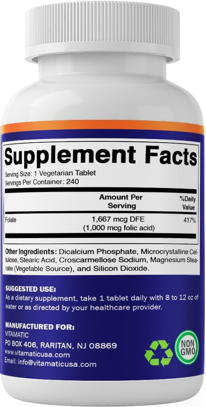 Folic Acid 1000 Mcg (1 Mg) - Vegetarian Tablets - 1667 Mcg DFE - Vitamin B9 (240 Count (Pack of 1))