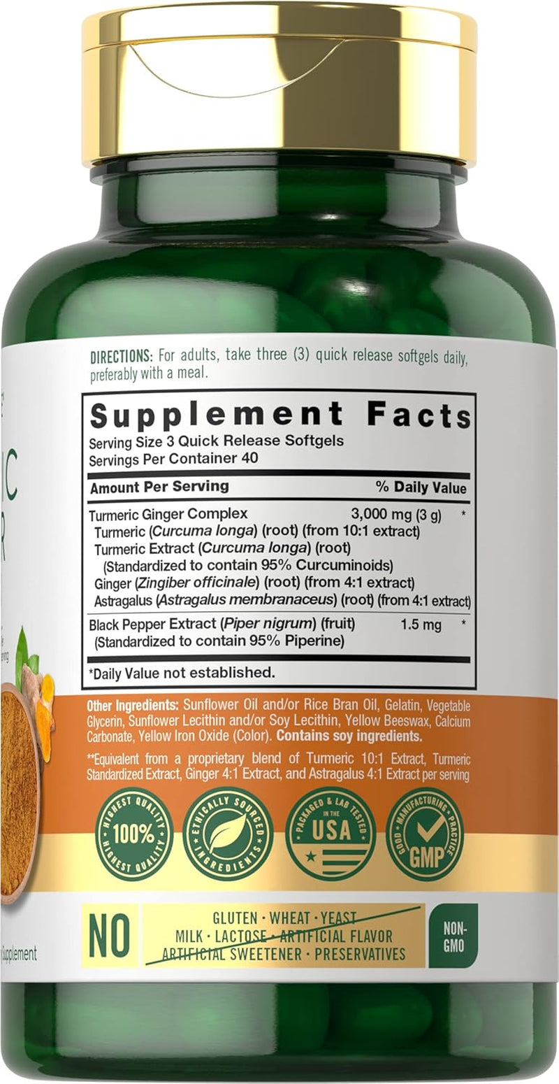 Carlyle Turmeric and Ginger Supplement 3000 Mg | 120 Softgel Capsules | Turmeric Curcumin Complex | with Black Pepper Extract | Non-Gmo, Gluten Free