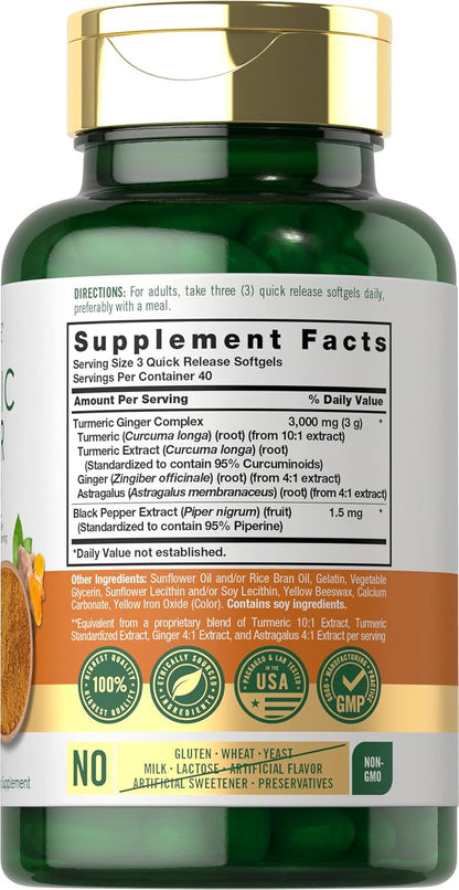 Carlyle Turmeric and Ginger Supplement 3000 Mg | 120 Softgel Capsules | Turmeric Curcumin Complex | with Black Pepper Extract | Non-Gmo, Gluten Free