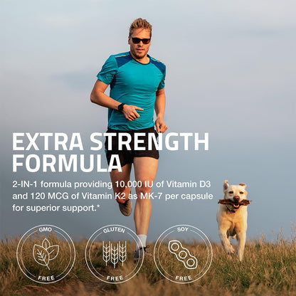 Bronson Vitamin K2 (MK7) with D3 Extra Strength Supplement Bone Health Non-Gmo Formula 10,000 IU & 120 Mcg MK-7 Easy to Swallow D K, 60 Capsules