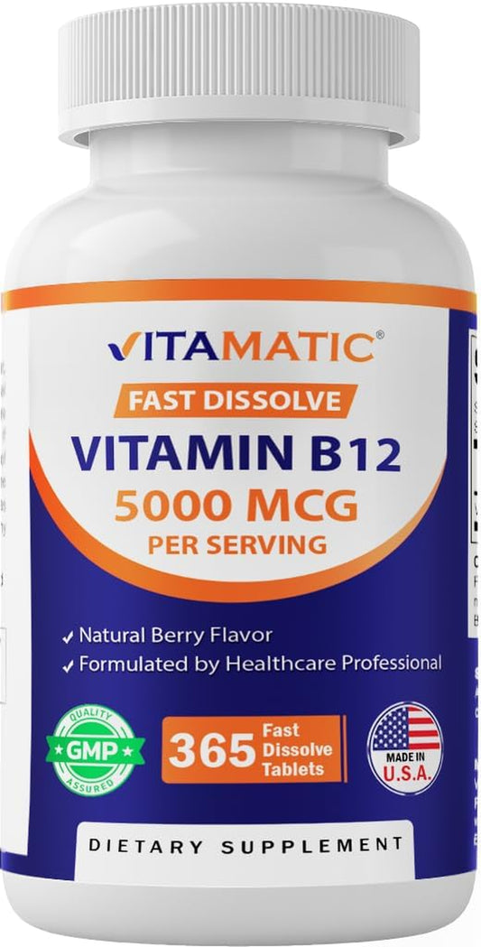 Vitamin B12 5000 Mcg – 365 Fast Dissolve Tablets Berry Flavor – Supports Energy Production & Nervous System Health – Non-Gmo, Gluten-Free