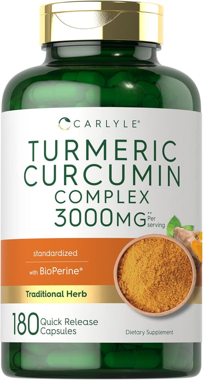 Carlyle Turmeric Curcumin Supplement | 3000Mg 180 Capsules | with Black Pepper, Curcuminoids and Bioperine | Non-Gmo, Gluten Free
