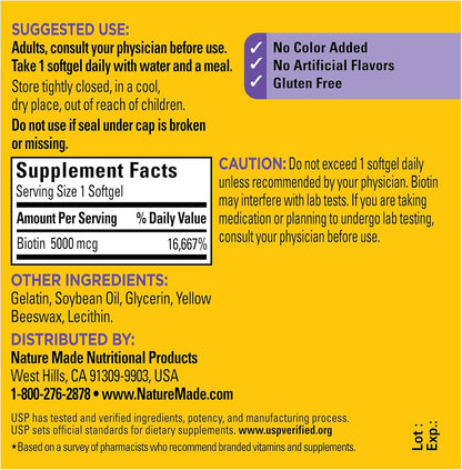 Nature Made Maximum Strength Biotin 5000 Mcg Softgels, Biotin Hair Skin and Nails Vitamins Dietary Supplement, 120 Count