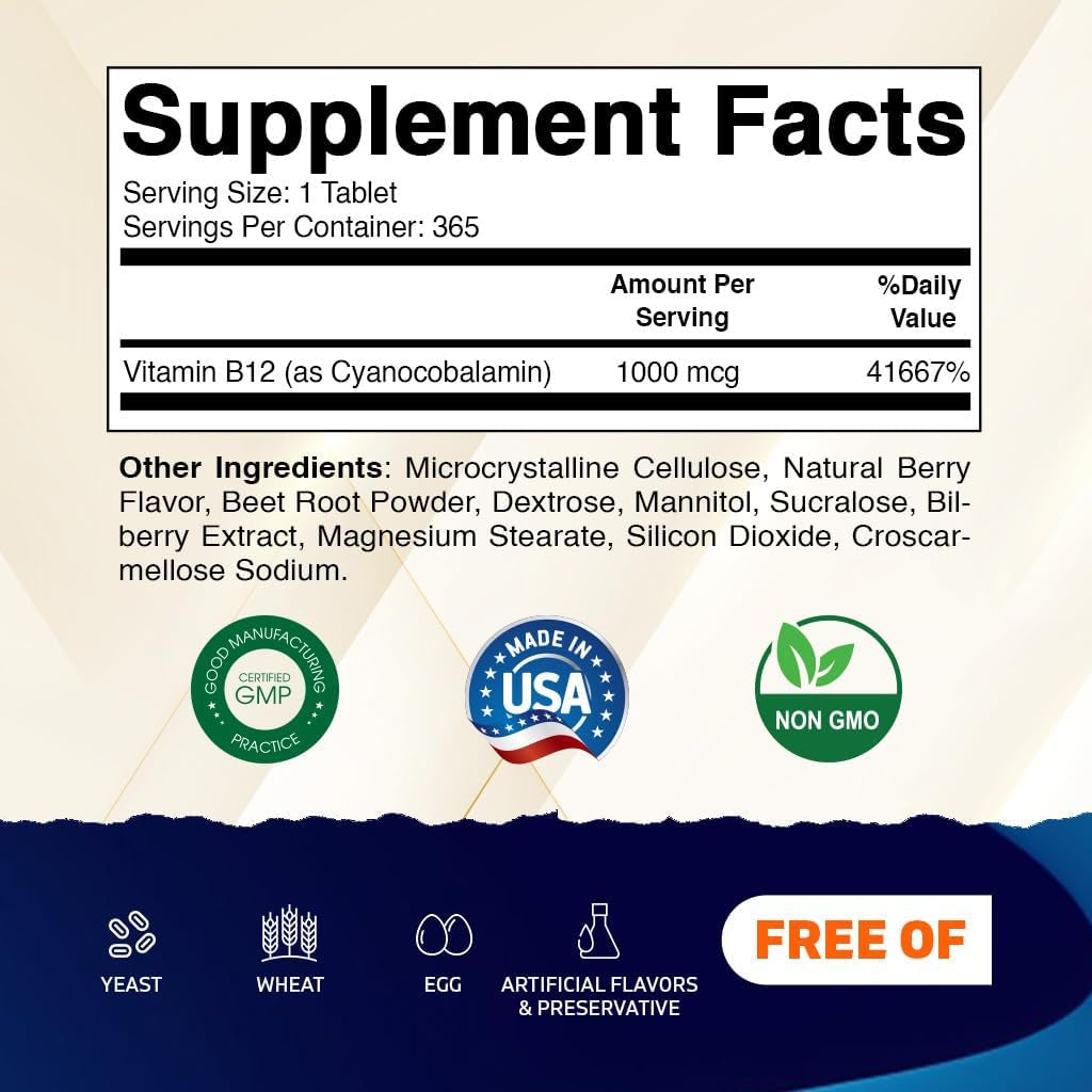 Vitamin B12 1000 Mcg Fast Dissolve – 365 Tablets – Natural Berry Flavor – Supports Energy Metabolism & Nervous System Health