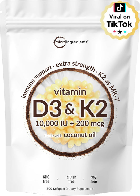 Micro Ingredients Vitamin D3 10,000 IU + K2 MK-7 200 Mcg, 300 Softgels with Virgin Coconut Oil | 2-In-1 Vitamins D & K Complex | Extra Strength, Easy to Swallow, Non-Gmo, Gluten Free