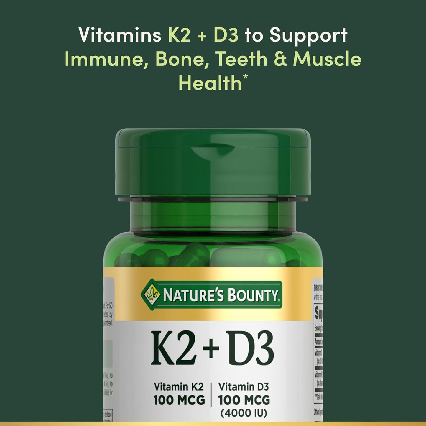 Nature’S Bounty Vitamin D3 K2 Supplement, 4000 IU Vitamin D3 plus 100 Mcg of Vitamin K Supplements for Adults for Heart & Bone Health Support, 30 Day Supply, 30 Vegetarian Capsules