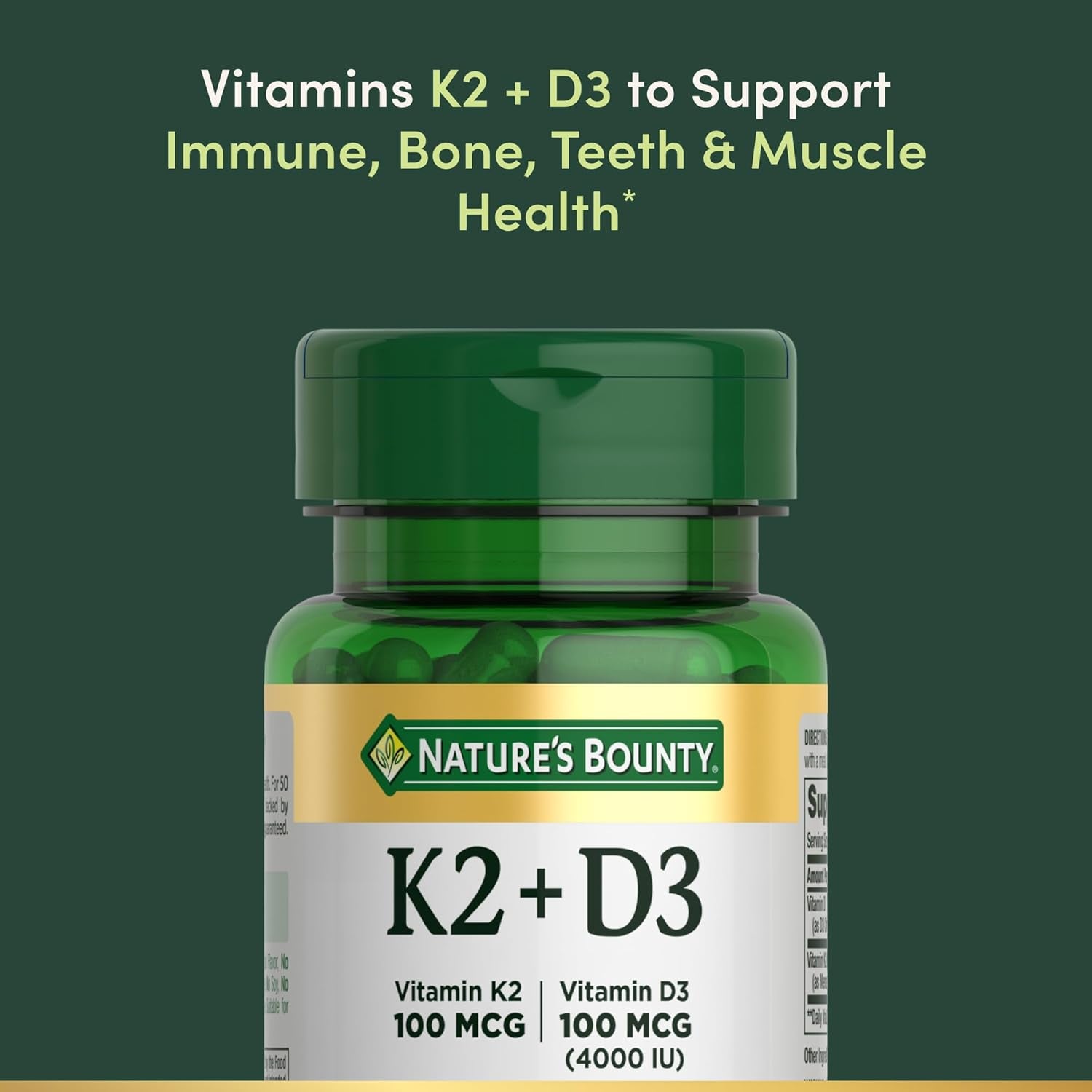 Nature’S Bounty Vitamin D3 K2 Supplement, 4000 IU Vitamin D3 plus 100 Mcg of Vitamin K Supplements for Adults for Heart & Bone Health Support, 30 Day Supply, 30 Vegetarian Capsules