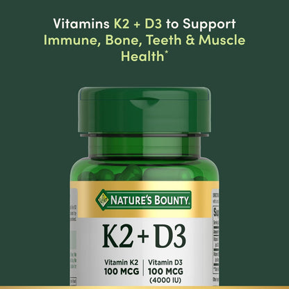 Nature’S Bounty Vitamin D3 K2 Supplement, 4000 IU Vitamin D3 plus 100 Mcg of Vitamin K Supplements for Adults for Heart & Bone Health Support, 30 Day Supply, 30 Vegetarian Capsules