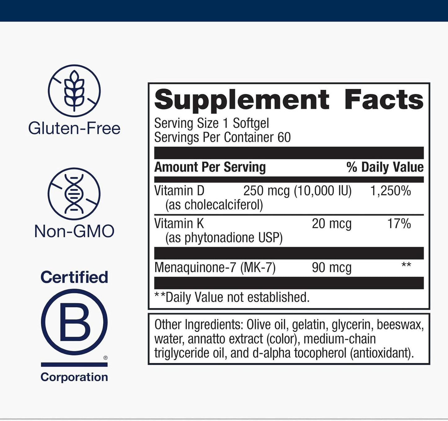 Metagenics Vitamin D3 + K - for Artery Health, Immune Support, Bone & Heart Health* - Vitamin D with MK-7 (Vitamin K2) - Non-Gmo - Gluten-Free - 60 Softgels - 10,000 IU