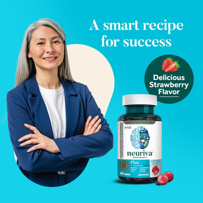 NEURIVA plus Brain Supplement for Memory,Focus & Concentration+Cognitive Function with Vitamins B6 & B12 and Clinically Tested Nootropics Phosphatidylserine and Neurofactor,50Ct Strawberry Gummies