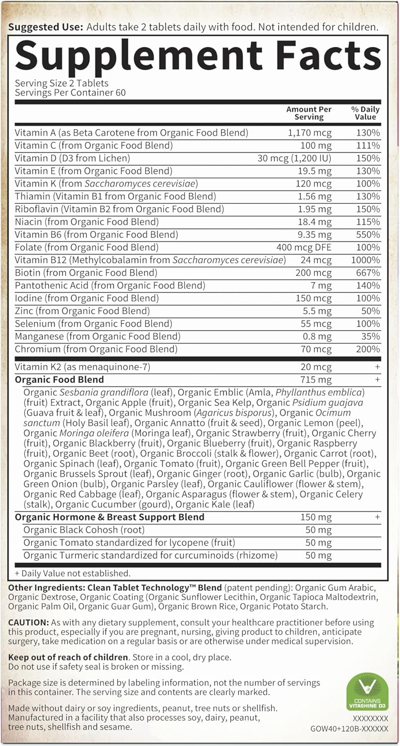 Garden of Life Multivitamin for Women 40 Plus, Organics Womens Vitamins, Hormone & Breast Health Support Blend, Vegan, 120 Tablets