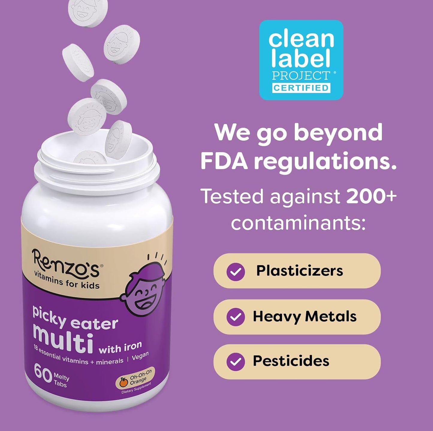 Renzo'S Picky Eater Kids Multivitamin with Iron, Dissolving Kids Vitamins with Vitamin D3 & K2 and More, 60 Sugar-Free Melty Tabs, Cherry Mo’ Cherry Flavored