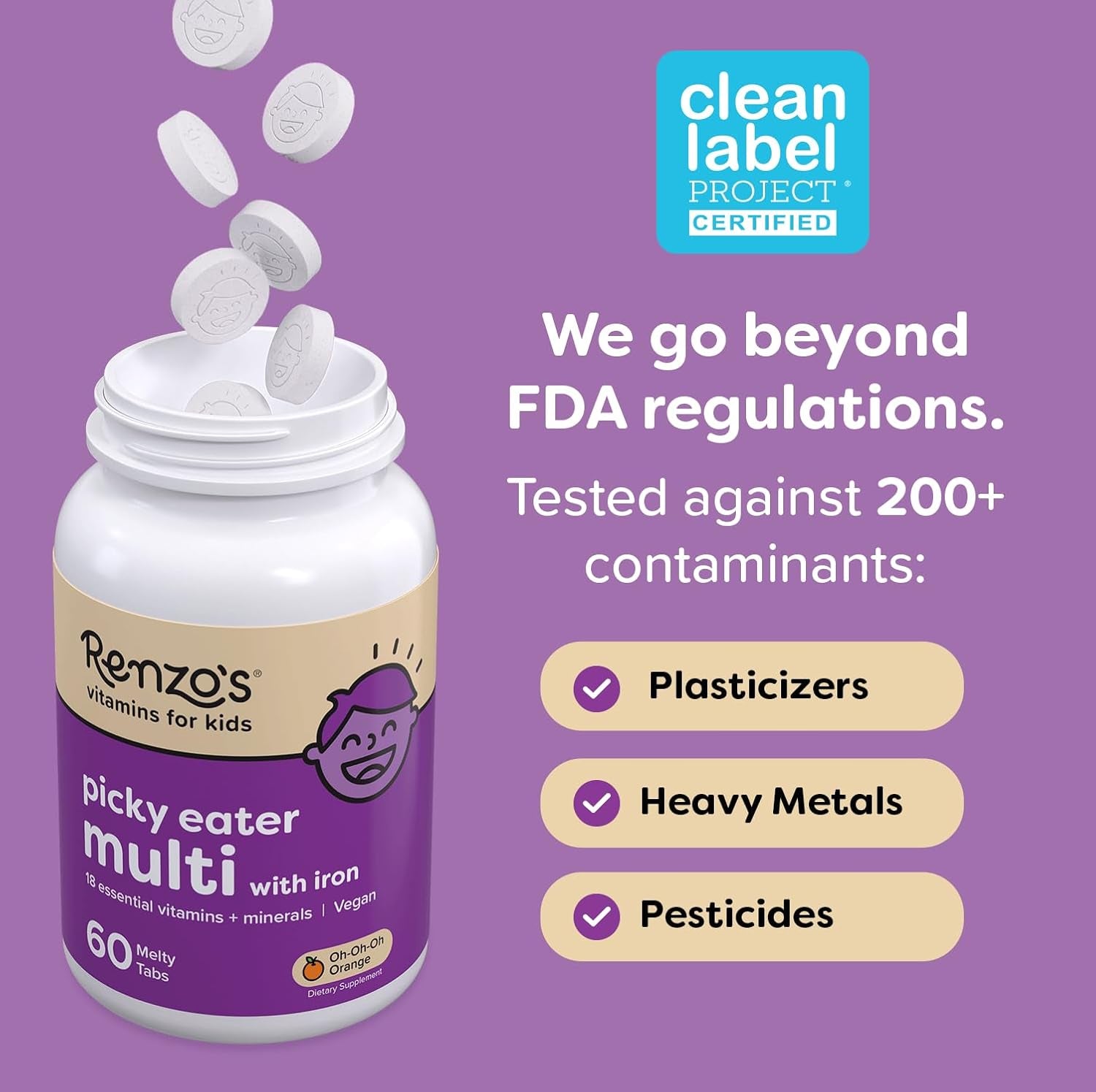 Renzo'S Picky Eater Kids Multivitamin with Iron, Dissolving Kids Vitamins with Vitamin D3 & K2 and More, 60 Sugar-Free Melty Tabs, Cherry Mo’ Cherry Flavored