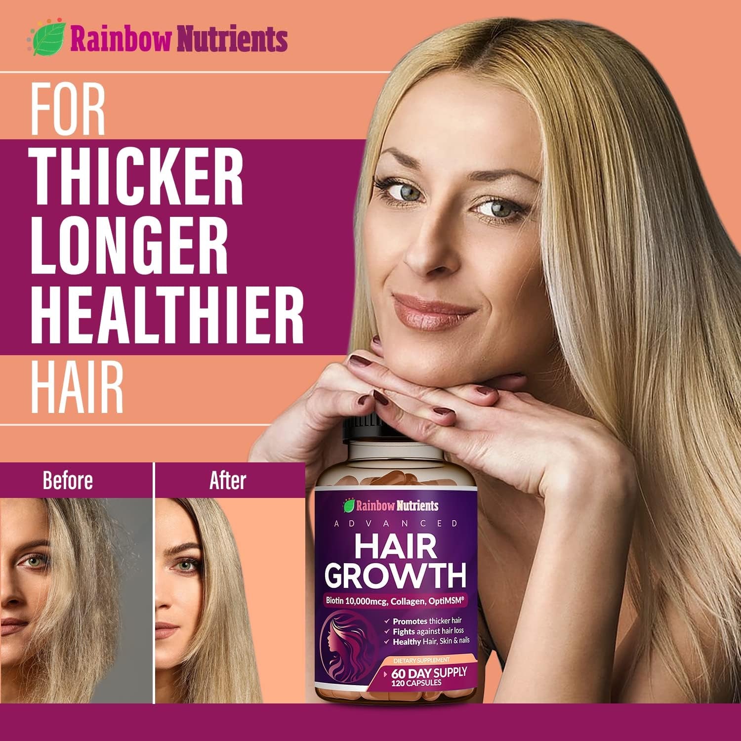 Hair Growth Vitamins for Women | Biotin 10,000Mcg, Collagen, Patented Optimsm®, Gomct®, Saw Palmetto | Naturally Regrow Stronger & Healthier Hair, Skin and Nails | Stops Hair Loss | 60 Day Supply
