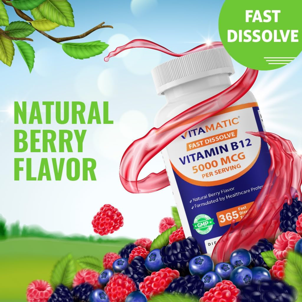 Vitamin B12 5000 Mcg – 365 Fast Dissolve Tablets Berry Flavor – Supports Energy Production & Nervous System Health – Non-Gmo, Gluten-Free