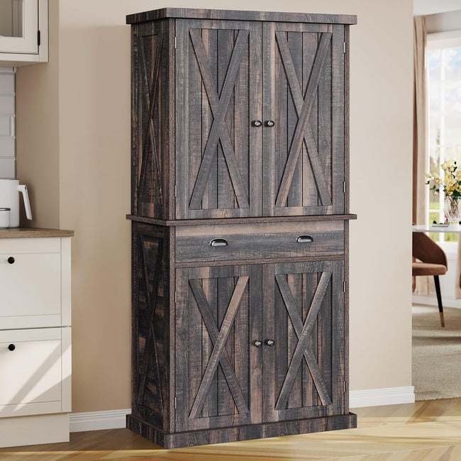 Kitchen Pantry Storage Cabinet, 72'' with Large Drawer and Adjustable Shelves, Dark Rustic Oak