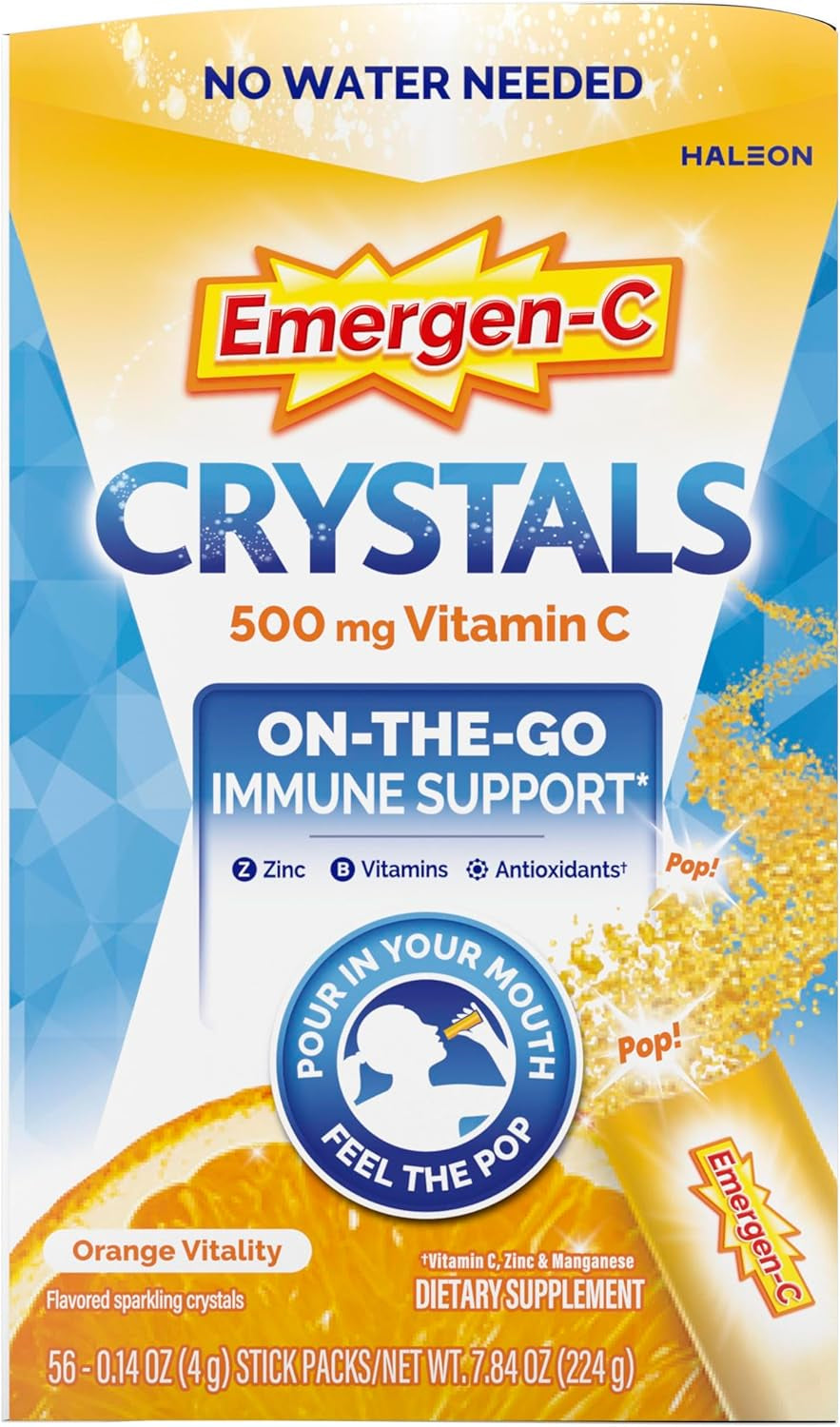 Emergen-C Crystals, On-The-Go Emergen-C Immune Support Supplement with Vitamin C, B Vitamins, Zinc and Manganese, Orange Vitality - 56 Stick Packs