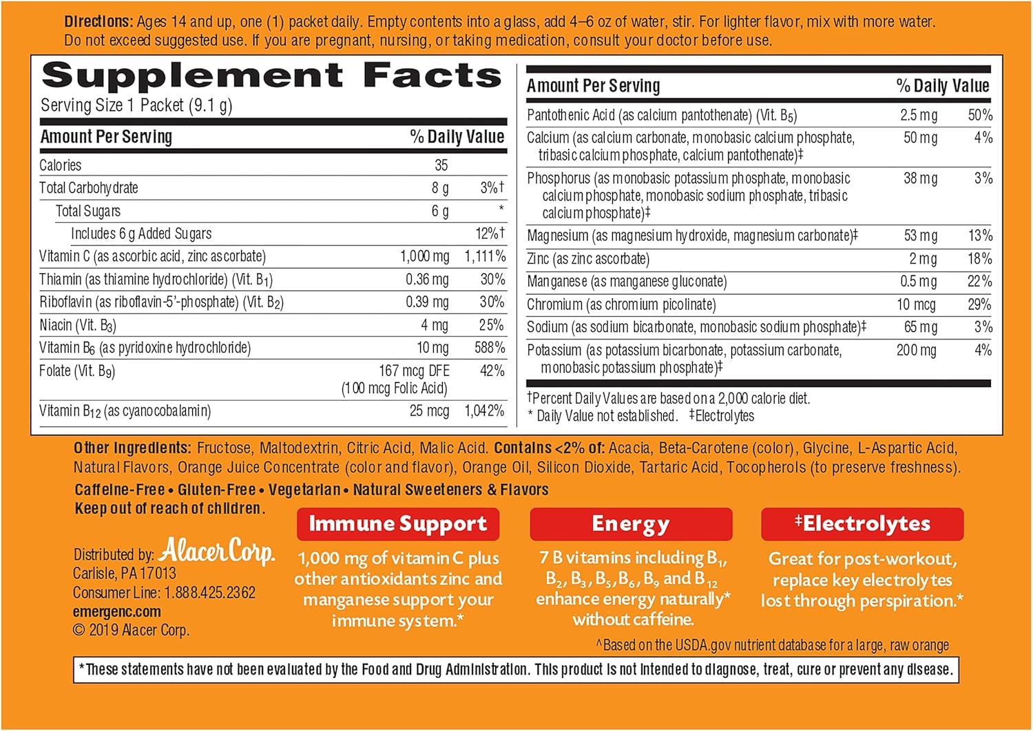 Emergen-C 1000Mg Vitamin C Powder for Daily Immune Support Caffeine Free Vitamin C Supplements with Zinc and Manganese, B Vitamins and Electrolytes, Super Orange Flavor - 60 Count/2 Month Supply