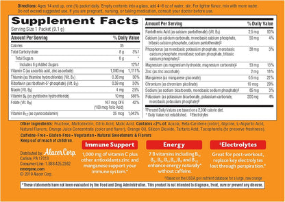 Emergen-C 1000Mg Vitamin C Powder for Daily Immune Support Caffeine Free Vitamin C Supplements with Zinc and Manganese, B Vitamins and Electrolytes, Super Orange Flavor - 60 Count/2 Month Supply