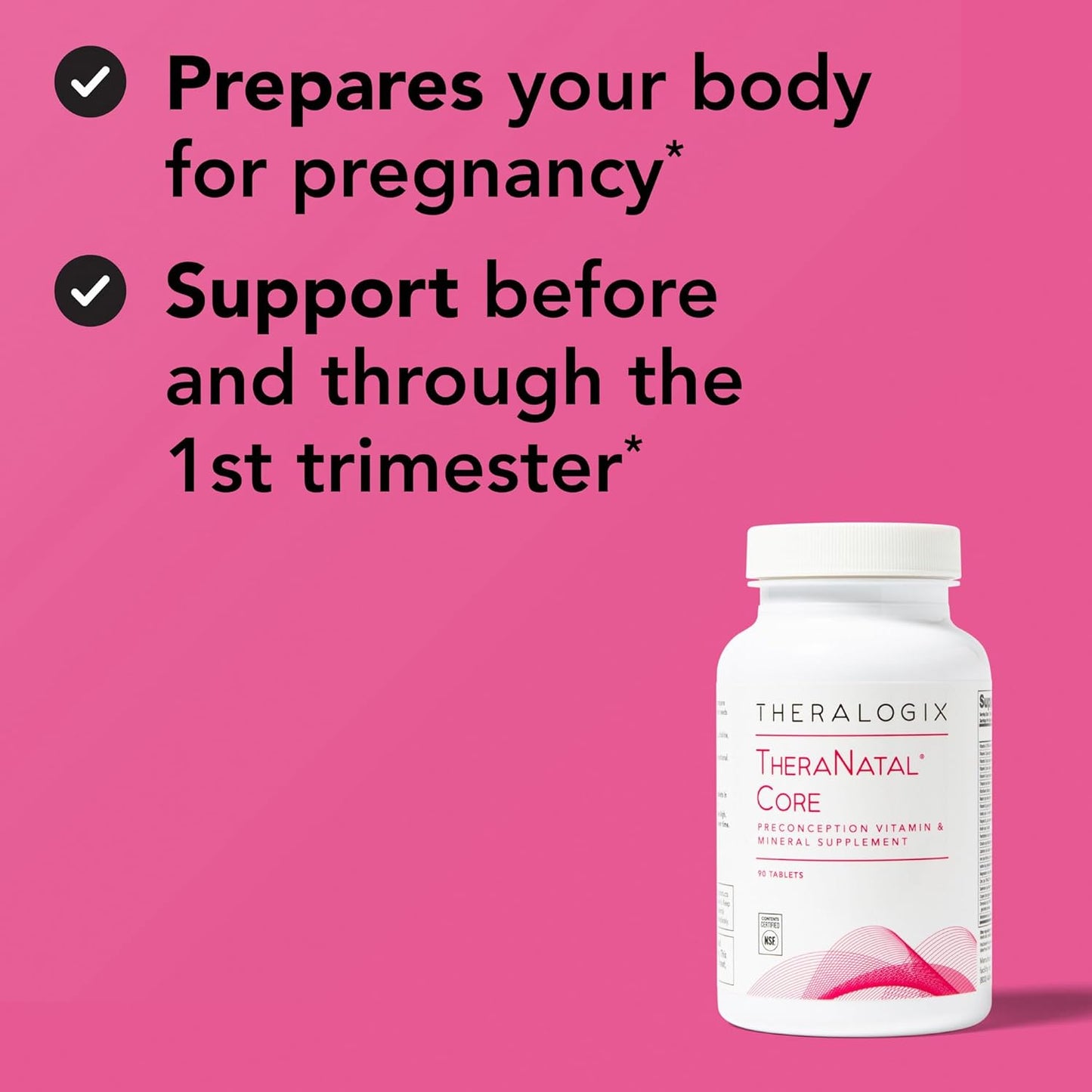 Theralogix Theranatal Core Preconception Vitamin Supplement - 90-Day Supply - Prenatal Vitamins & Fertility Supplement for Women with Folate, Vitamin D3, Choline & More* - NSF Certified - 90 Tablets
