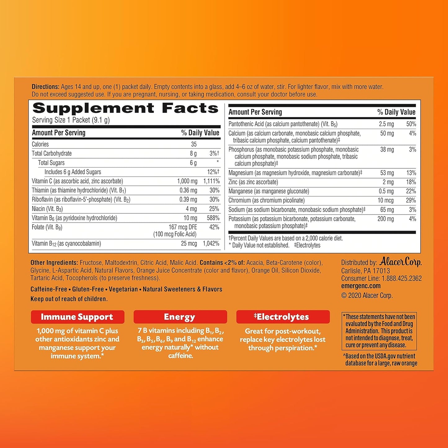 Emergen-C 1000Mg Vitamin C Powder for Daily Immune Support Caffeine Free Vitamin C Supplements with Zinc and Manganese, B Vitamins and Electrolytes, Super Orange Flavor - 60 Count/2 Month Supply