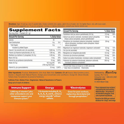 Emergen-C 1000Mg Vitamin C Powder for Daily Immune Support Caffeine Free Vitamin C Supplements with Zinc and Manganese, B Vitamins and Electrolytes, Super Orange Flavor - 60 Count/2 Month Supply