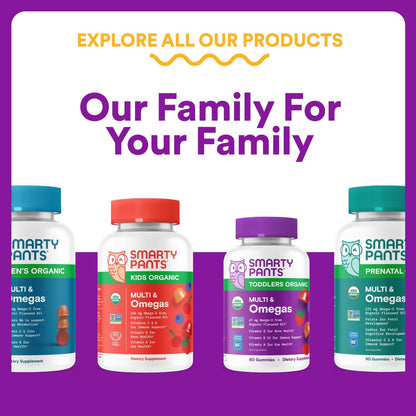 Smartypants Toddler Multivitamin Gummies - Improved Formula: Omega 3 (DHA/EPA), Vitamins D3, C, Vitamin B12, B6, A, K & Zinc, Biotin, Gluten Free, Three Fruit Flavors, 60 Count (30 Day Supply)
