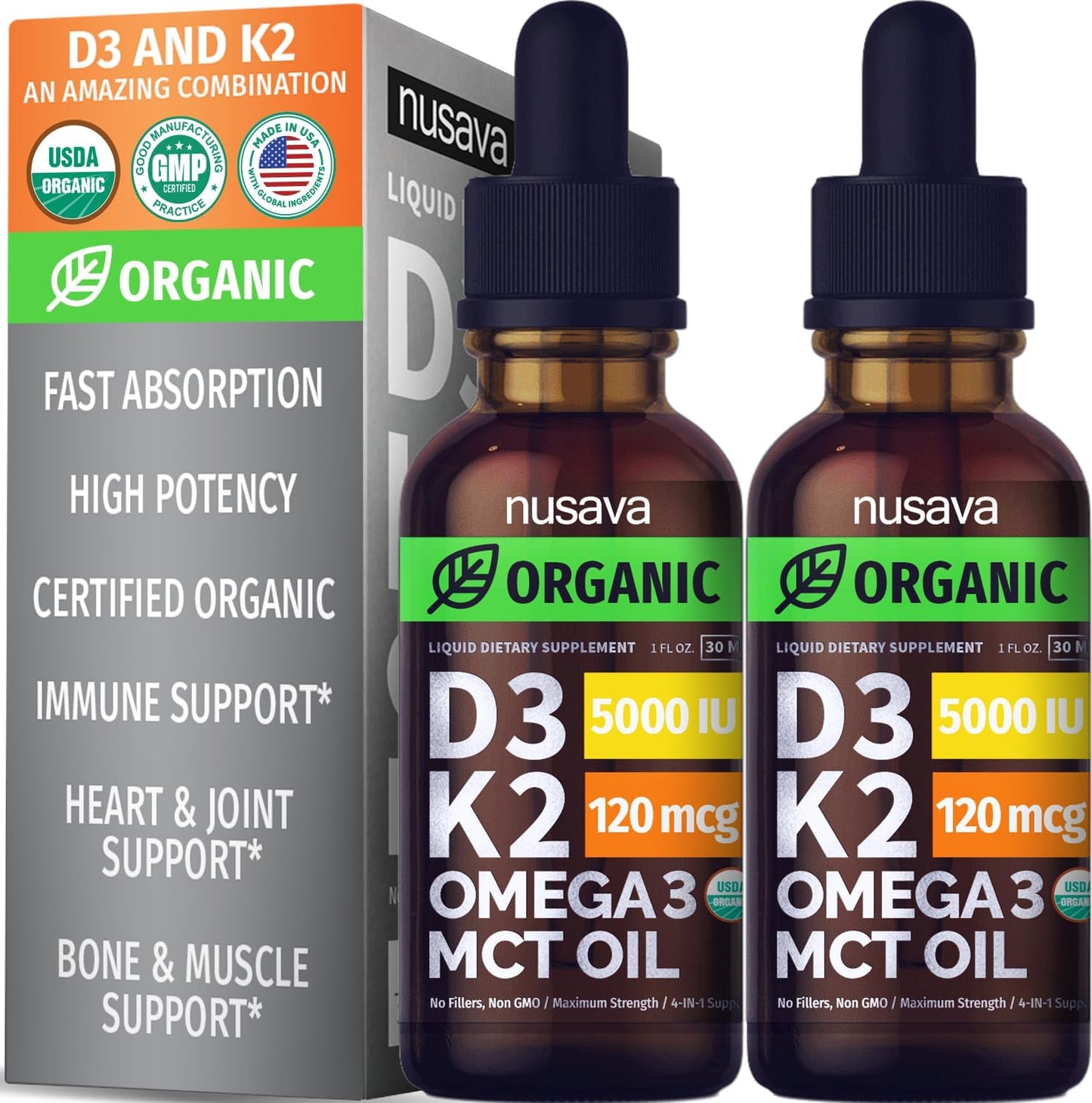 (2 Pack) Organic Vitamin D3 K2 Drops with MCT Oil Omega 3, 5000 IU, Maximum Strength Vitamin D Liquid, No Fillers, Non-Gmo Liquid D3 for Faster Absorption and Immune Support (Unflavored, 2 Fl Oz)